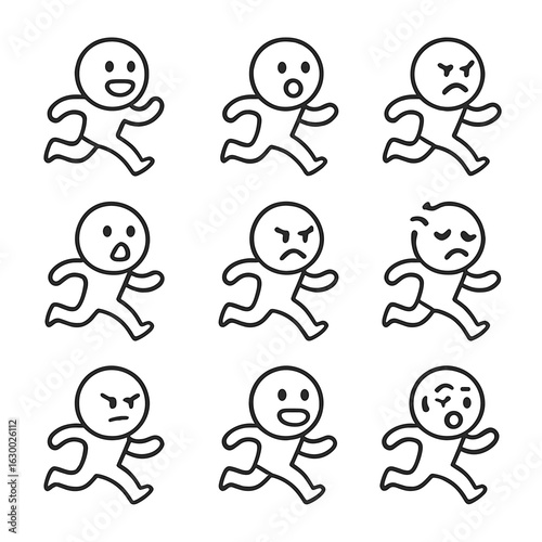 Chase Emotions Icons. Outline icon set of chase emotions and expressions: excitement, fear, determination, surprise, anger,