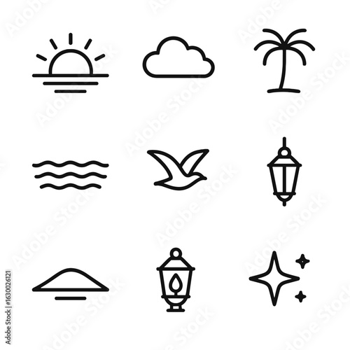 Sunset Horizon Icons. Outline icon set of sunset horizon: sun sinking line, twilight cloud outline, silhouette of palm tree,