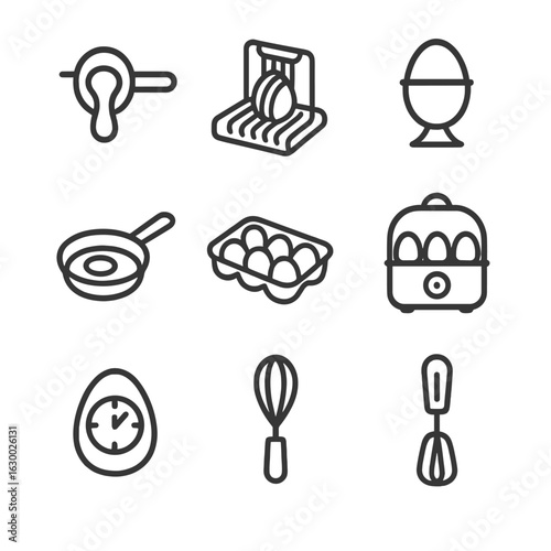 Kitchen Egg Tool Icons. Outline icon set of kitchen egg tools: egg separator, egg slicer, egg cup, egg boiler, egg poacher, egg