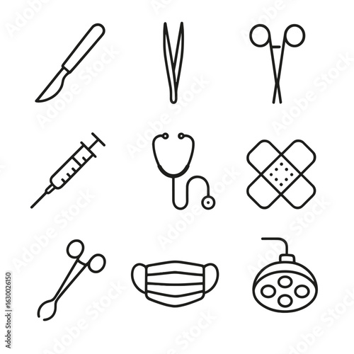Surgical Tools Icons. Outline icon set of surgical tools for operations: scalpel, forceps, surgical scissors, syringe, stethoscope