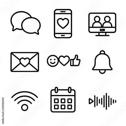 Digital Relationship Icons. Outline icon set of digital relationship tools: chat bubbles, smartphone with
