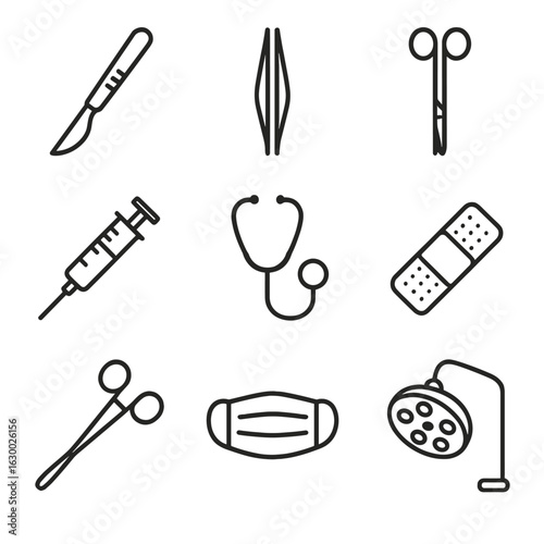 Surgical Tools Icons. Outline icon set of surgical tools for operations: scalpel, forceps, surgical scissors, syringe, stethoscope