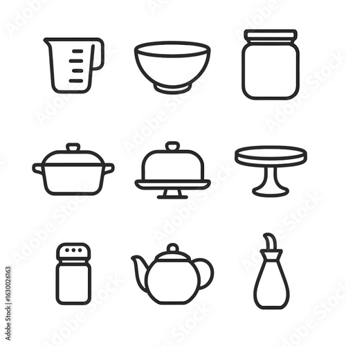 Kitchen Glassware Icons. Outline icon set of kitchen glassware: measuring glass, mixing bowl, glass storage jar, casserole dish,