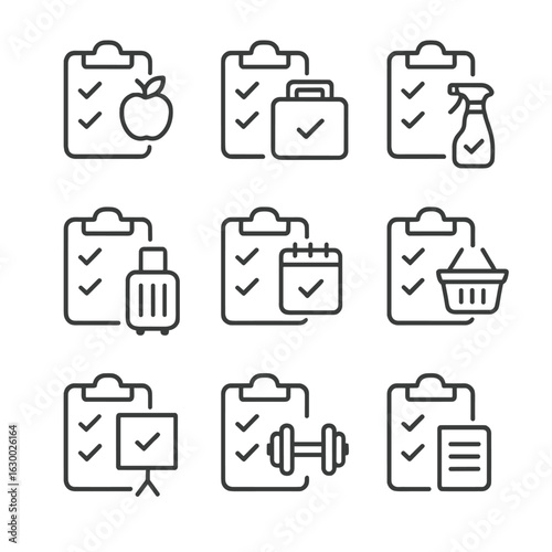 Checklist Icons Grid. Outline icon set of checklist ticks: grocery list tick, packing list, cleaning checklist, travel prep, daily