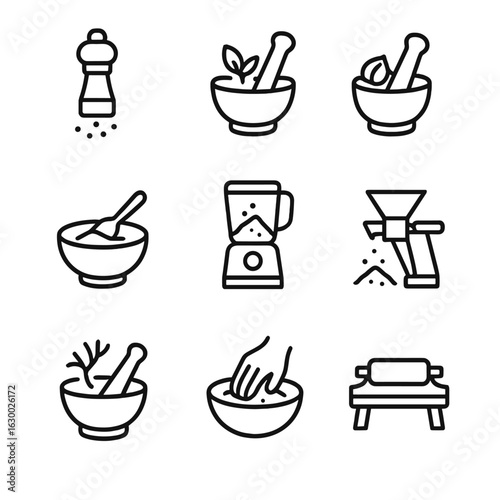 Kitchen Grinding Icons. Outline icon set of kitchen grinding processes: grinding spices, crushing herbs, pounding garlic, mixing