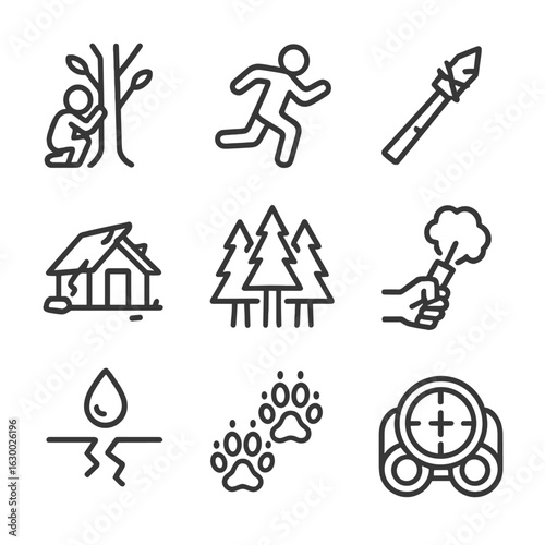 Survival Fear Icons. Outline icon set of fear in survival: hiding behind tree, running figure, makeshift weapon, broken shelter,