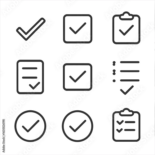 Checklist Icon Set. Outline icon set of tick in checklists: checkmark, completed task, green box, to-do list, marked option,