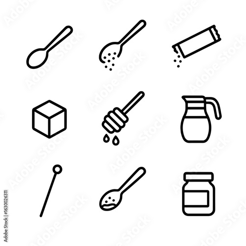 Sweetener Tools Icons. Outline icon set of sweetener tools: teaspoon, sugar spoon, sugar packet, sugar cube, honey spoon, syrup