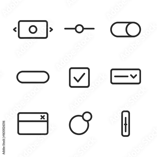Swipe UI Icon Set. Outline icon set of swipe UI components: carousel, slider bar, toggle switch, button, checkbox, dropdown, modal