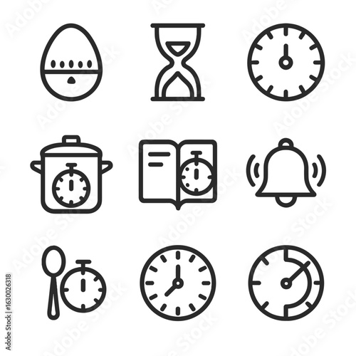 Kitchen Timer Icons. Outline icon set of kitchen timer: egg timer silhouette, hourglass, oven timer dial, cooking pot with timer,