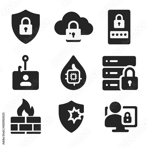 Digital Security Icons. Solid, filled icons set of digital advertising data protection: lock shield, secure