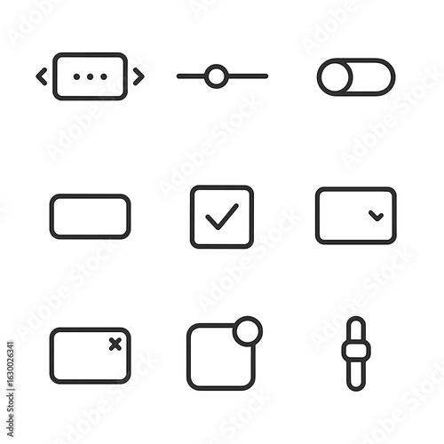Swipe UI Icon Set. Outline icon set of swipe UI components: carousel, slider bar, toggle switch, button, checkbox, dropdown, modal