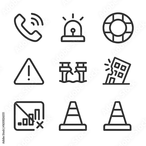 Crisis Response Icons. Outline icon set of helplessness in crisis: emergency call, alarm bell, lifebuoy, first aid kit, warning