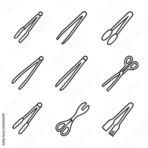 Kitchen Tongs Icons. Outline icon set of kitchen tongs types: silicone tip tongs, stainless steel tongs, nylon tongs, locking