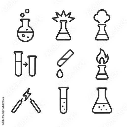 Chemical Reaction Icons. Outline icon set of chemical reactions: bubbling flask, explosion, smoke cloud, color change, liquid drop
