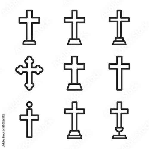 Cross Icon Collection. Outline icon set of cross decor: wall cross, tabletop cross, altar cross, church cross, metal cross, stone