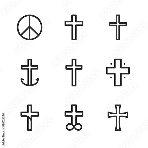 Symbolic Crosses Collection. Outline icon set of symbolic crosses: peace cross, victory cross, sacrifice cross, hope cross, faith