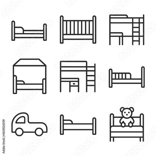Children's Bed Icons. Outline icon set of children’s beds: toddler bed, crib silhouette, bunk bed with ladder, canopy play bed,