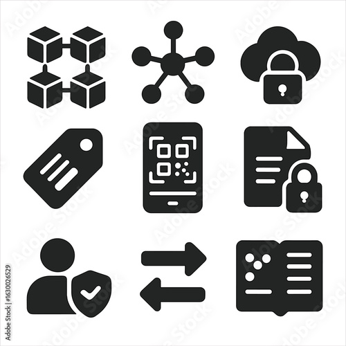 Digital Supply Icons. Solid, filled icons set of Digital supply chain passports: blockchain, data nodes,