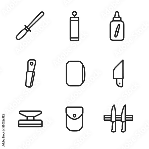 Knife Accessories Icons. Outline icon set of knife accessories: sharpening steel, leather strop, knife oil, sheath clip, knife