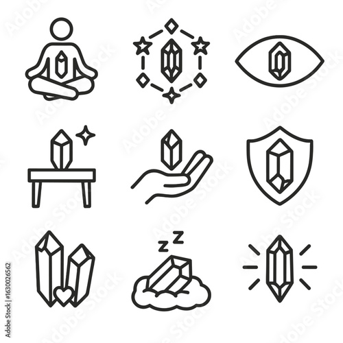 Crystal Icon Set. Outline icon set of metaphysical crystal uses: meditation stone, energy grid, third eye stone, altar crystal,