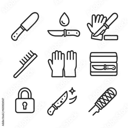 Knife Care Icon Set. Outline icon set of field knife safety and maintenance: blade cover, oil drop, sharpening stone, cleaning