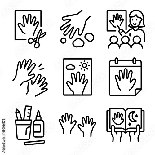 Children's Handprint Icons. Outline icon set of handprint in education and children: handprint craft, finger painting, classroom