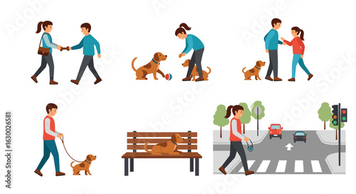 Various scenes depict interactions between people and dogs in different urban and outdoor settings