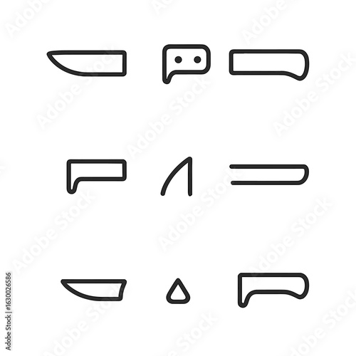 Knife Parts Icons. Outline icon set of knife parts: blade, handle, bolster, tang, tip, spine, edge, point, finger guard. Line