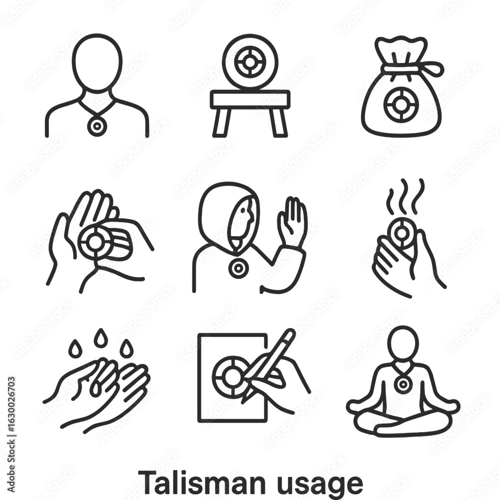 Fototapeta premium Talisman Icon Collection. Outline icon set of talisman usage: wearing necklace, placing on altar, carrying in pouch, gifting charm