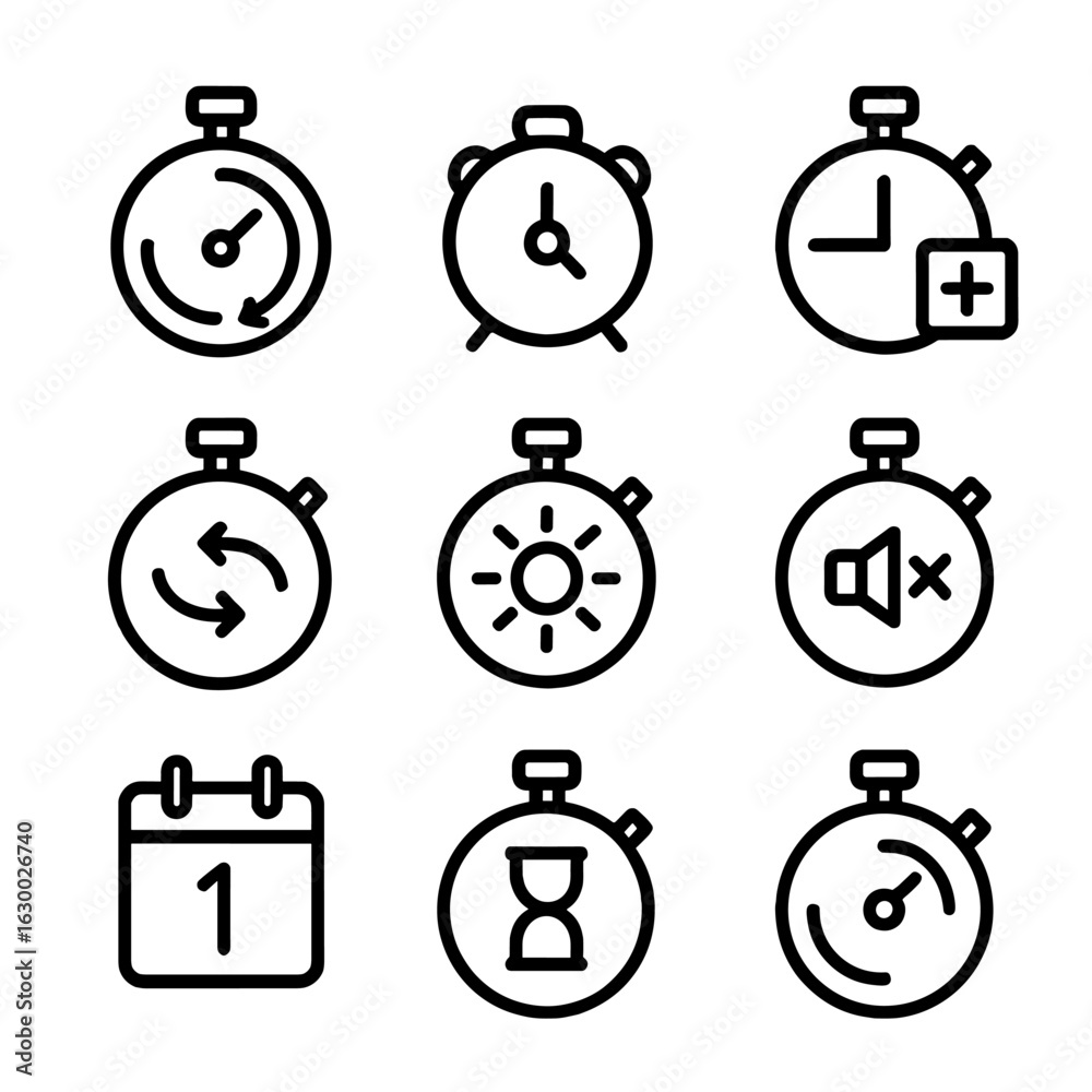 Obraz premium Chronometer Icon Set. Outline icon set of chronometer settings: time adjustment, alarm set, lap reset, mode switch, brightness