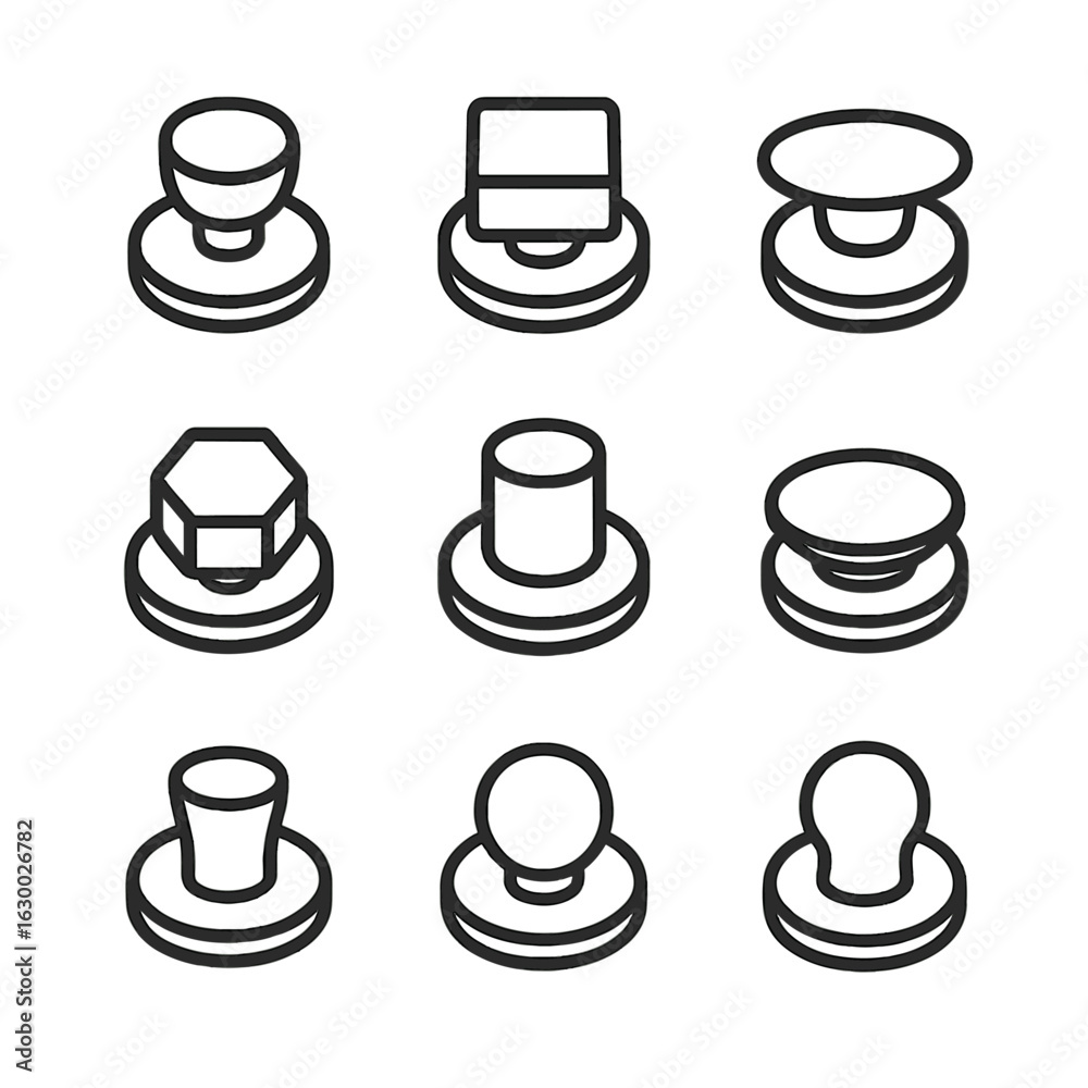 Knob Icon Set. Outline icon set of lid knob shapes: round knob, square knob, oval knob, hexagonal knob, cylindrical knob, flat Knob Icon Set. Outline icon set of lid knob shapes: round knob, square knob, oval knob, hexagonal knob, cylindrical knob, flat