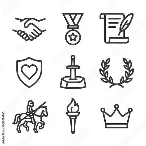 Chivalric Icon Set. Outline icon set of knight chivalry and honor: handshake, medal, scroll of oath, shield with heart, sword in