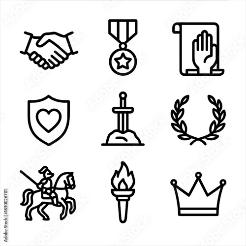 Chivalric Icon Set. Outline icon set of knight chivalry and honor: handshake, medal, scroll of oath, shield with heart, sword in