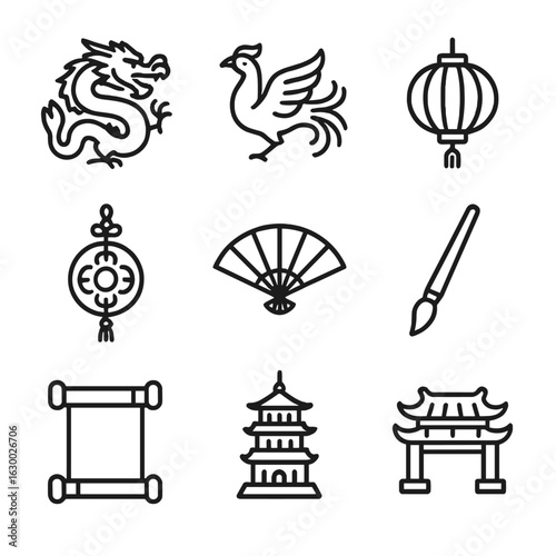 Chinese Heritage Icons. Outline icon set of traditional Chinese heritage: dragon, phoenix, red lantern, jade pendant, paper fan,