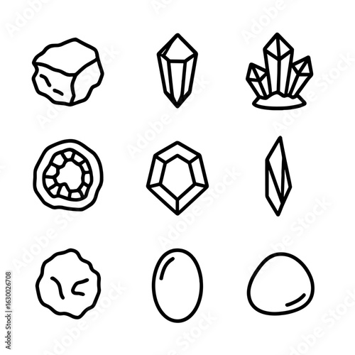 Crystal Icon Set. Outline icon set of crystal formations: rough stone, polished gem, crystal cluster, geode, facet, shard, nugget,