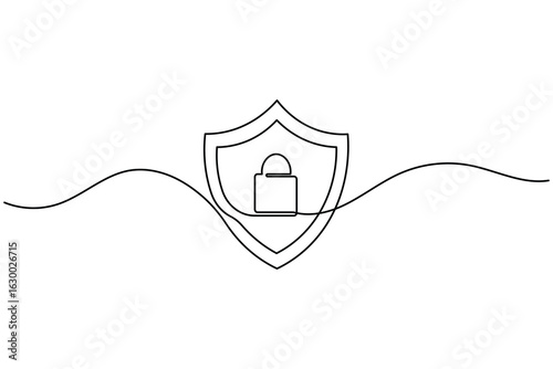 Continuous one line drawing of security shield with a padlock. Symbol for protection, privacy, and cybersecurity