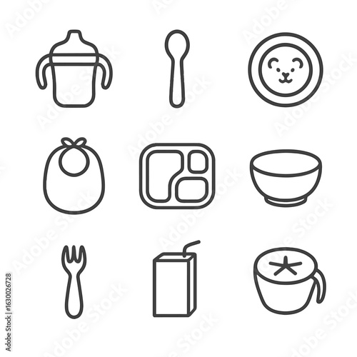 Children's Tableware Icons. Outline icon set of children’s tableware: sippy cup, plastic spoon, kid’s plate, bib, divided tray,