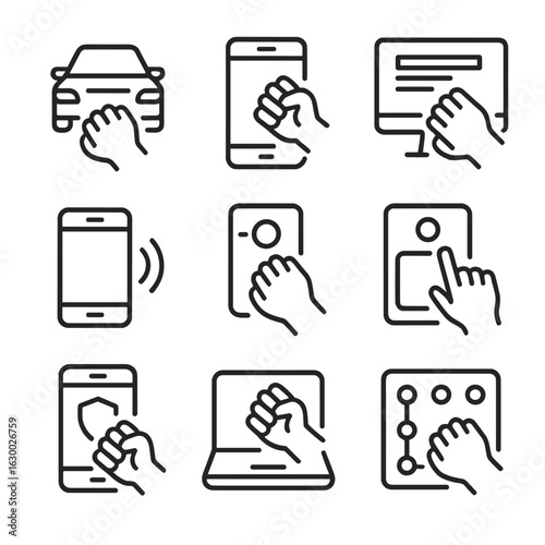 Knock Technology Icons. Outline icon set of knock in technology: knock detection, app knock, digital knock, smartphone vibration,