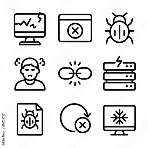Tech Crisis Icons. Outline icon set of meltdown in technology projects: crashed computer, error message, bug icon, frustrated user