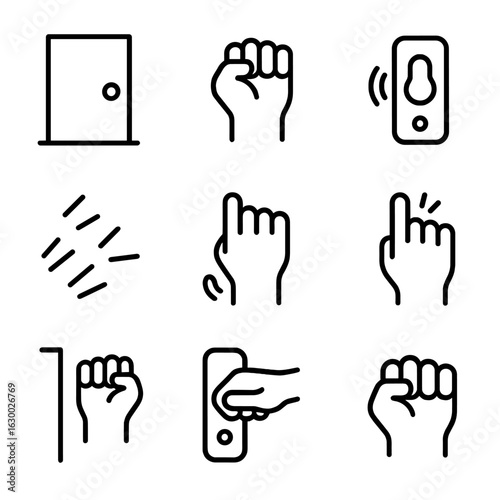 Knocking Icons Collection. Outline icon set of knock in communication: door knock, knocking hand, doorbell ring, knocking sound,