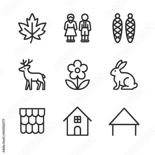 Cuckoo Clock Icon Set. Outline icon set of cuckoo clock decorations: carved leaves, pine cones, dancing figurines, animals (deer,