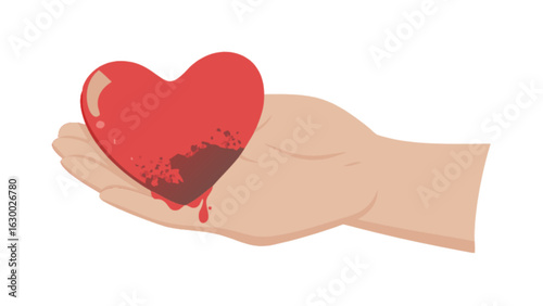 Heart health awareness illustration showing hand holding bleeding heart concept for medical designs and health