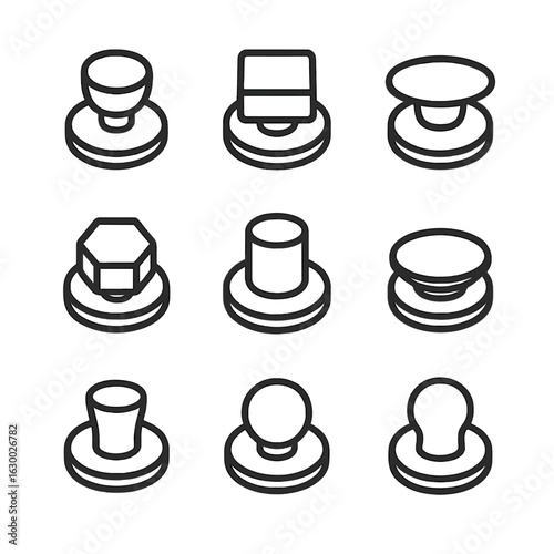 Knob Icon Set. Outline icon set of lid knob shapes: round knob, square knob, oval knob, hexagonal knob, cylindrical knob, flat