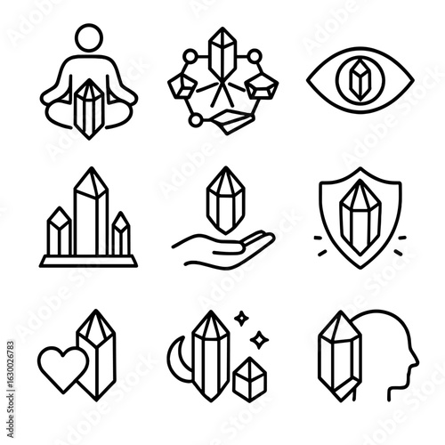 Crystal Icon Set. Outline icon set of metaphysical crystal uses: meditation stone, energy grid, third eye stone, altar crystal,