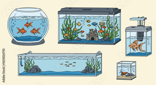Illustration depicting a collection of various fish tanks with different shapes and sizes and aquatic life