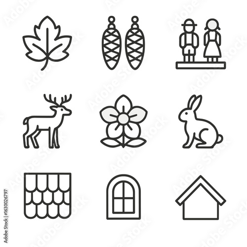 Cuckoo Clock Icon Set. Outline icon set of cuckoo clock decorations: carved leaves, pine cones, dancing figurines, animals (deer,