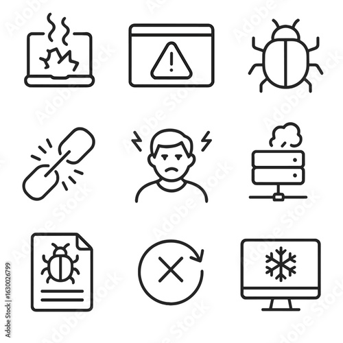 Tech Crisis Icons. Outline icon set of meltdown in technology projects: crashed computer, error message, bug icon, frustrated user