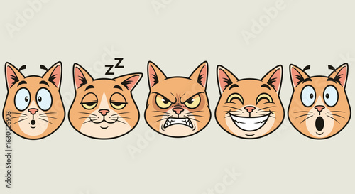 Cartoon illustration of five cat faces showing different emotions like surprise anger sleep and happiness