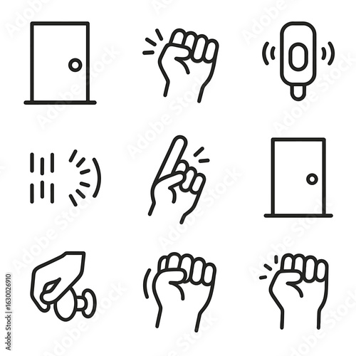 Knocking Icons Collection. Outline icon set of knock in communication: door knock, knocking hand, doorbell ring, knocking sound,